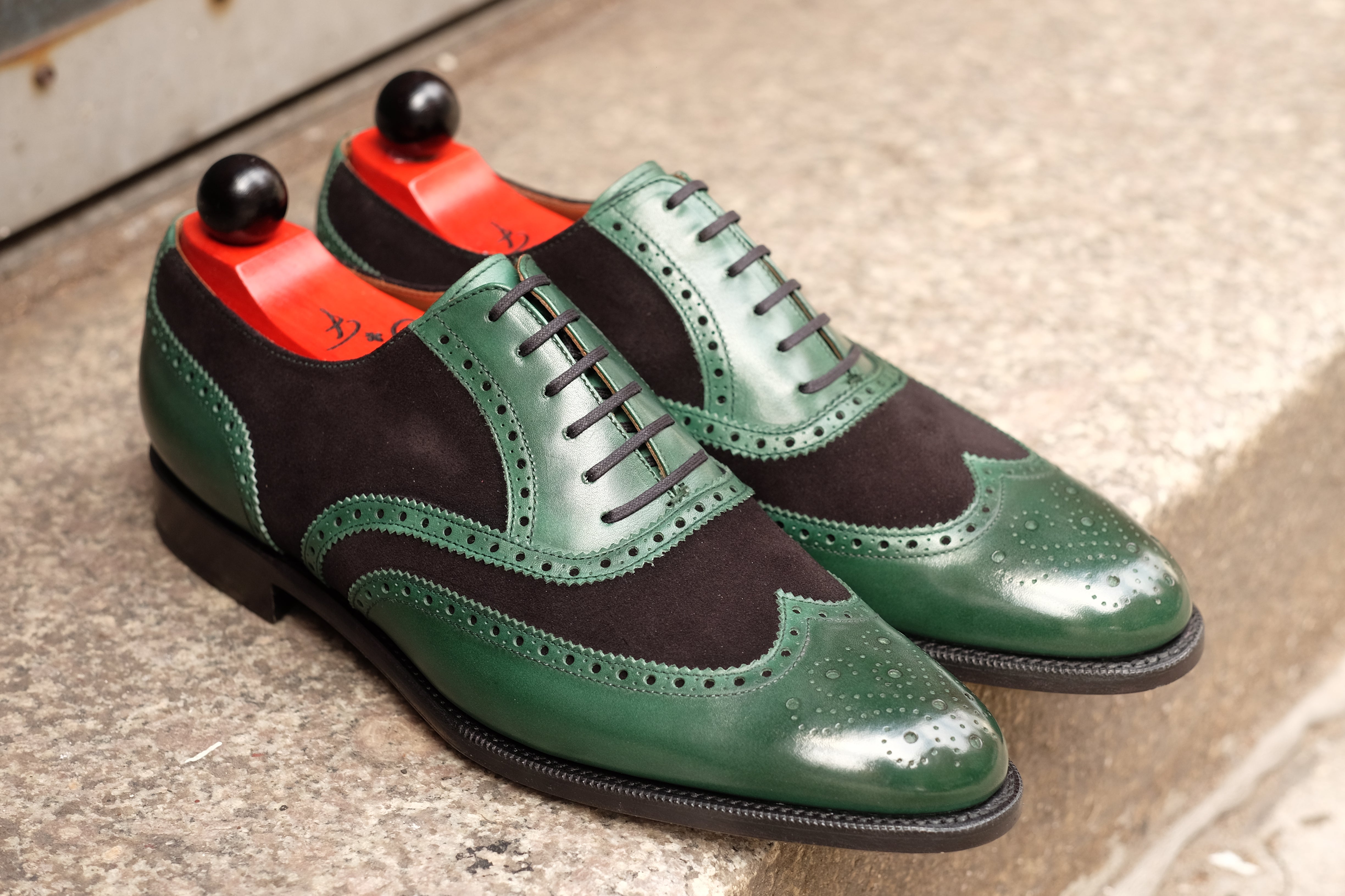 Kitsap - MTO - Forest Green Calf / Black Suede - TMG Last - Single Leather Sole - Heart Medallion